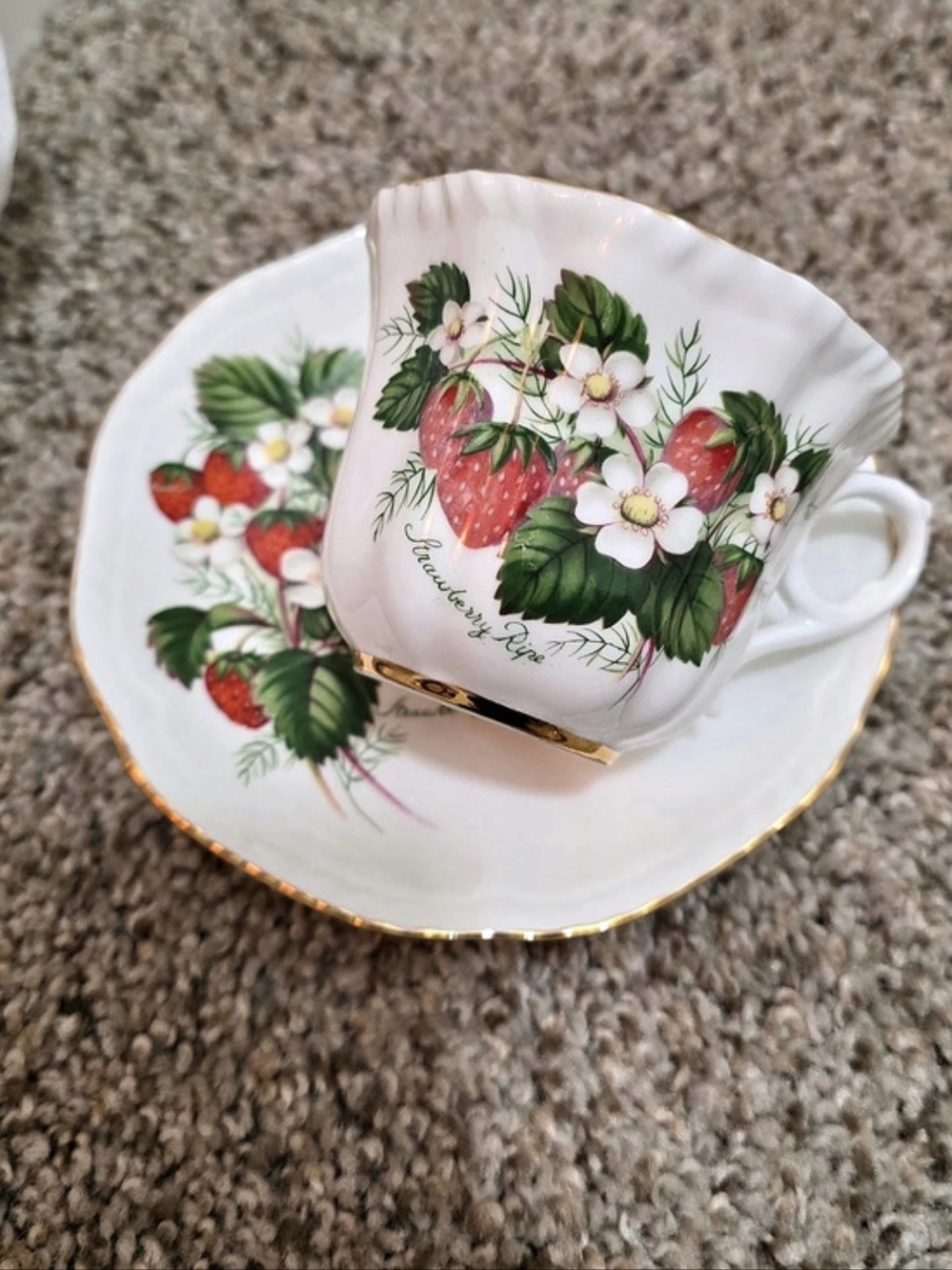 Royal Gaftom Strawberry Ripe Floral Teacup & Saucer White & Red